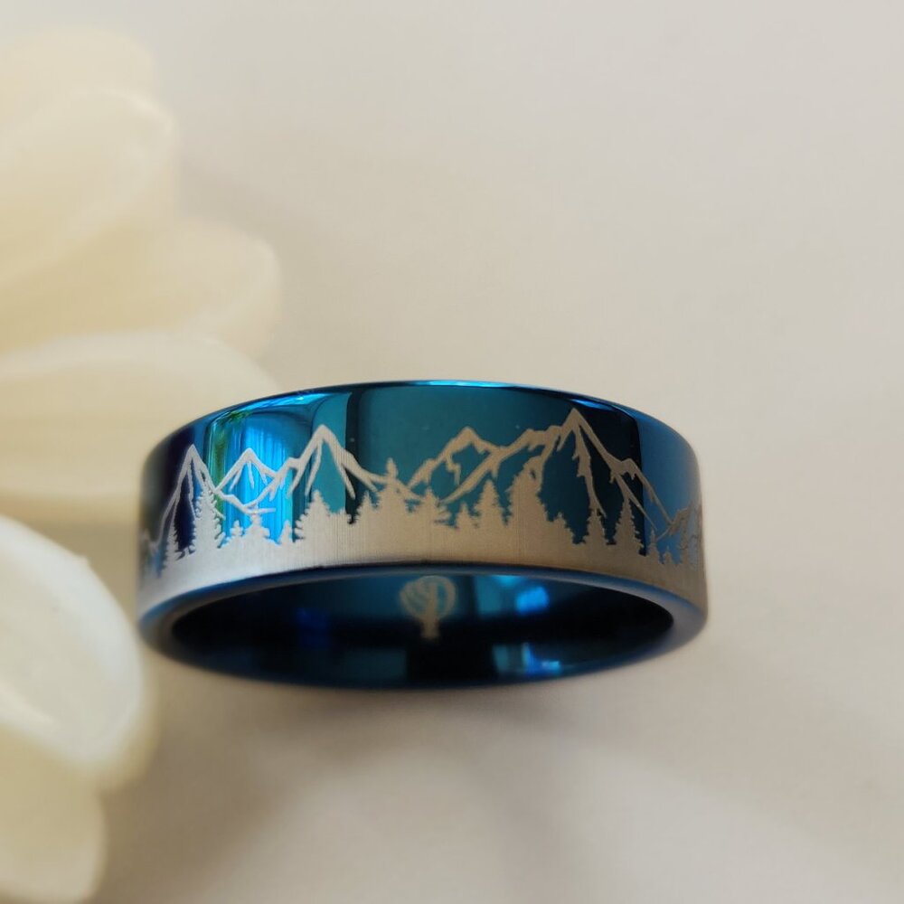 Blue Tungsten Carbide Ring - Mountain Range Engraved Band Size 12